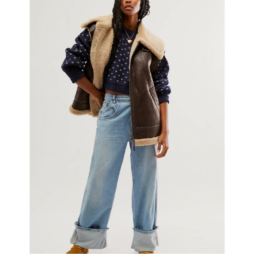FREE PEOPLE Easy Street Patterened Crop Pullover / Navy Combo NWT